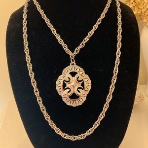 #74 Vintage Crown Trifari Brushed Silver-tone Ornate Double Strand Necklace